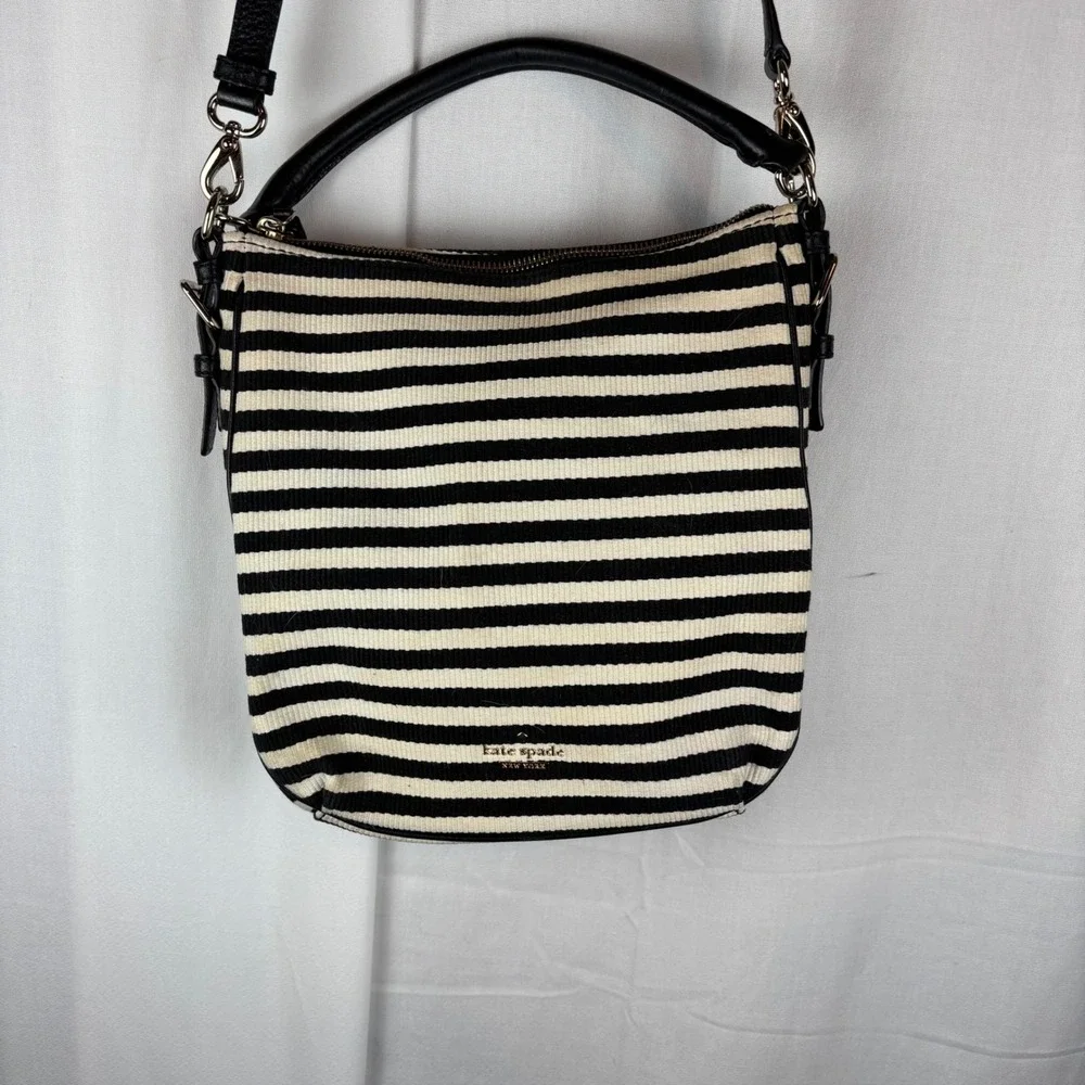 Kate Spade Black White Striped Crossbody Bag Top Handle Purse PXRU4669